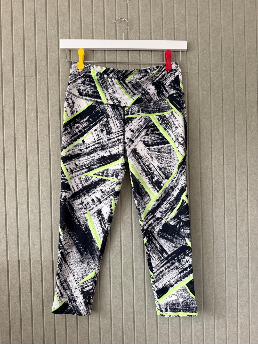VOGO Athletica Black & White Abstract Leggings with Neon Yellow Accents